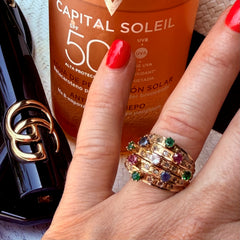 Diamond, Emerald, Ruby, Sapphire Carnival Cocktail Ring 1978