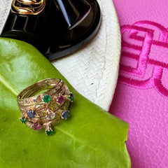 Diamond, Emerald, Ruby, Sapphire Carnival Cocktail Ring 1978