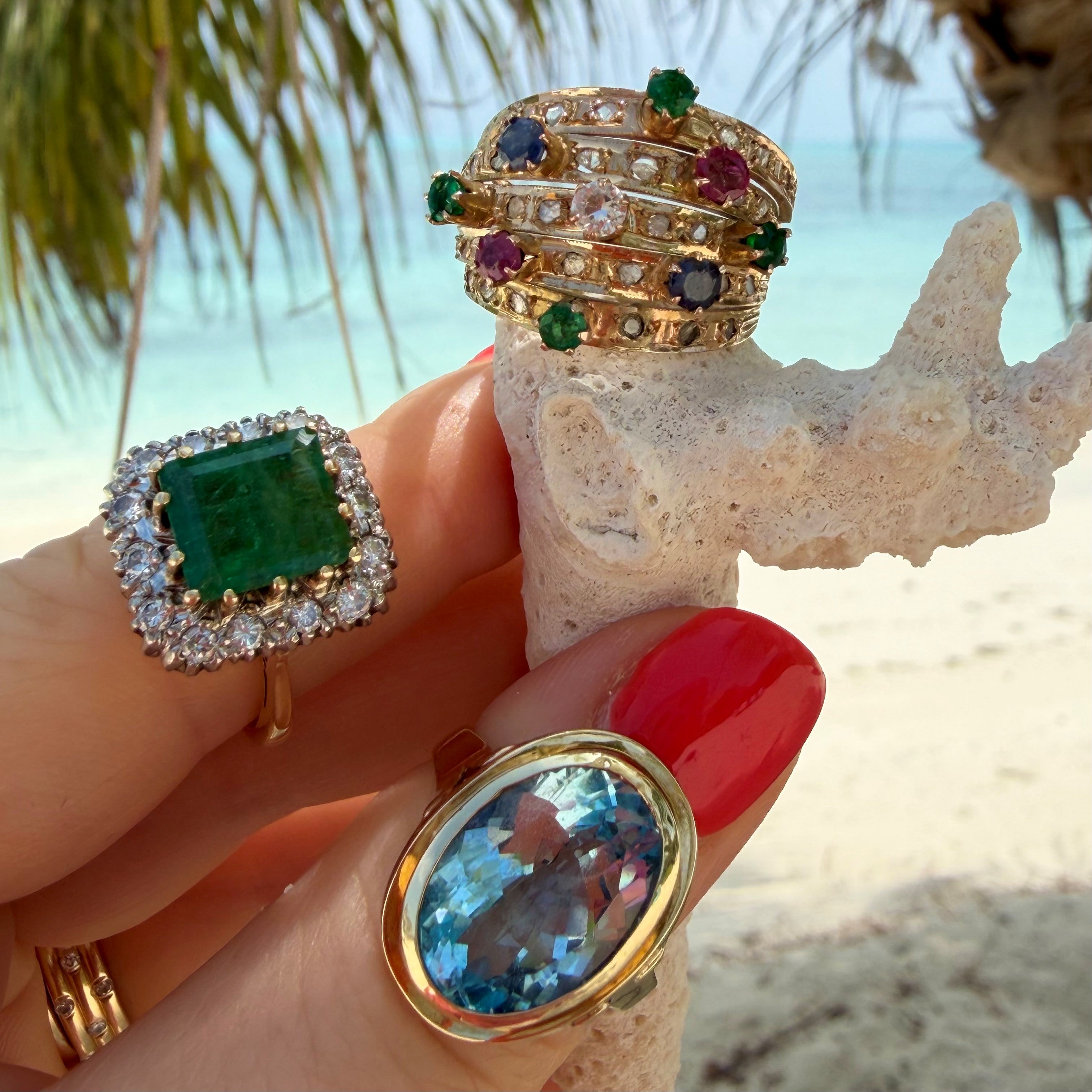 Diamond, Emerald, Ruby, Sapphire Carnival Cocktail Ring 1978