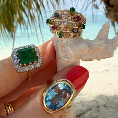 Diamond, Emerald, Ruby, Sapphire Carnival Cocktail Ring 1978