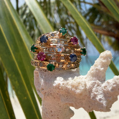 Diamond, Emerald, Ruby, Sapphire Carnival Cocktail Ring 1978