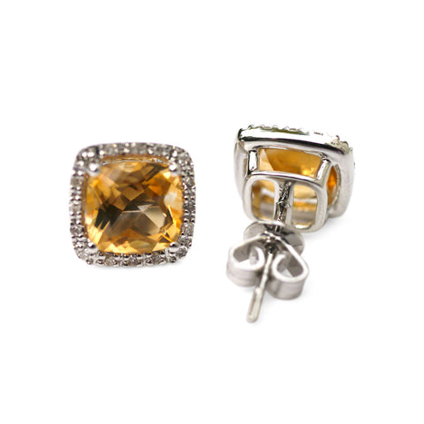 Citrine and Diamond Square White Gold Earrings