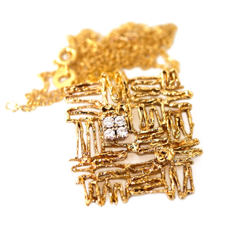 Diamond Sculptured Modernist Gold Pendant Necklace 1970