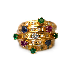 Diamond, Emerald, Ruby, Sapphire Carnival Cocktail Ring 1978