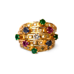 Diamond, Emerald, Ruby, Sapphire Carnival Cocktail Ring 1978