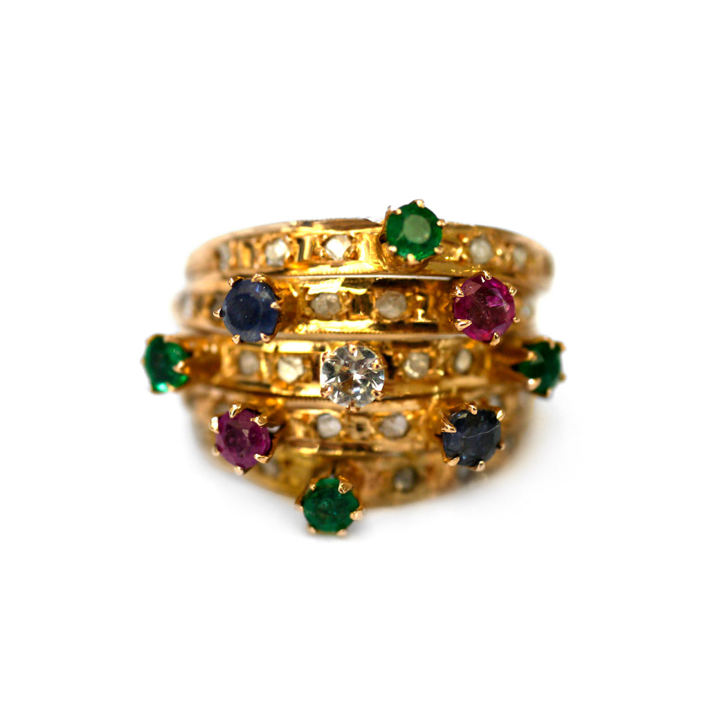 Diamond, Emerald, Ruby, Sapphire Carnival Cocktail Ring 1978