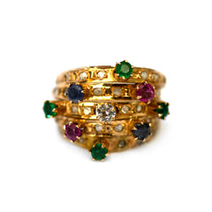 Diamond, Emerald, Ruby, Sapphire Carnival Cocktail Ring 1978