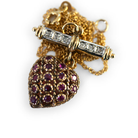 Diamond and Rhodolite Garnet Heart T-Bar Necklace c.1970s