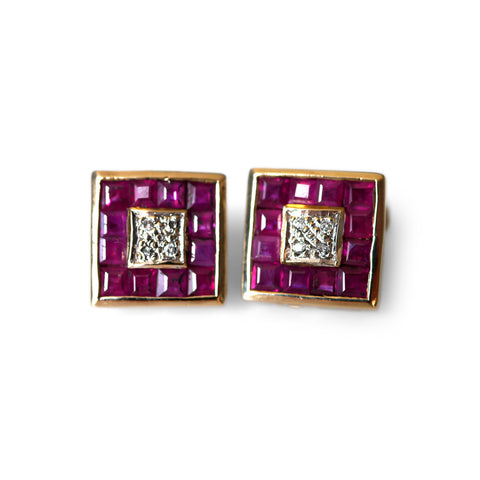 Diamond and Ruby Gold Squared Earrings