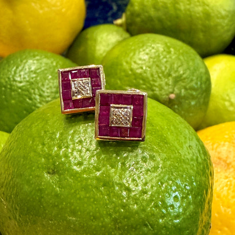 Diamond and Ruby Gold Squared Earrings