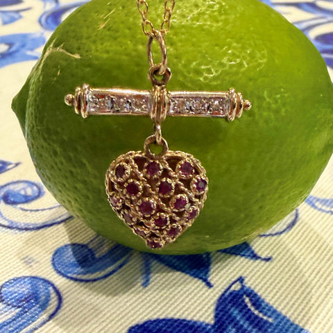 Diamond and Rhodolite Garnet Heart T-Bar Necklace c.1970s