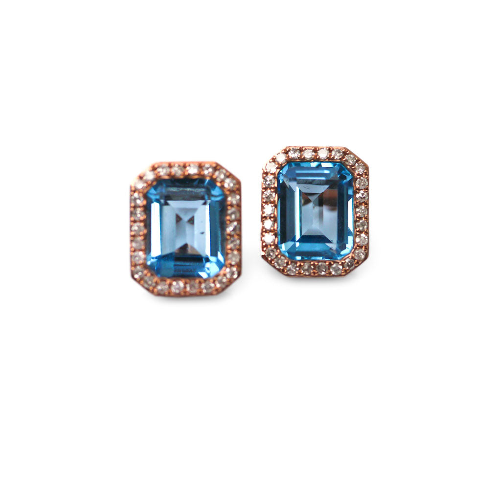 Emerald Cut Blue Topaz and Diamond Rose Gold Earrings