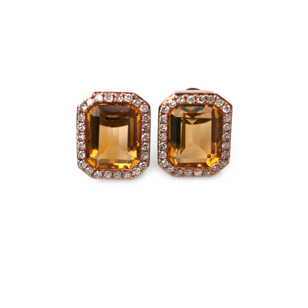 Emerald Cut Citrine and Diamond Rose Gold Earrings