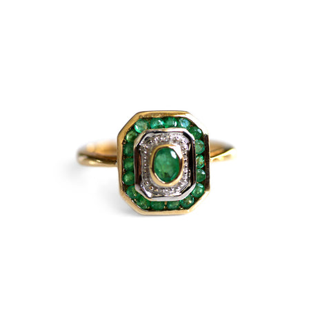 Emerald and Diamond Geometric Ring