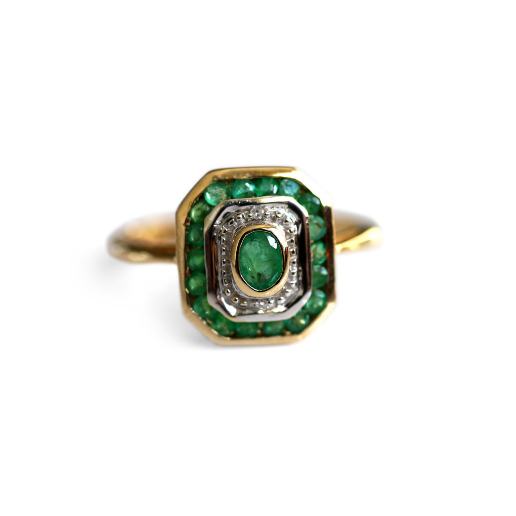 Emerald and Diamond Geometric Ring