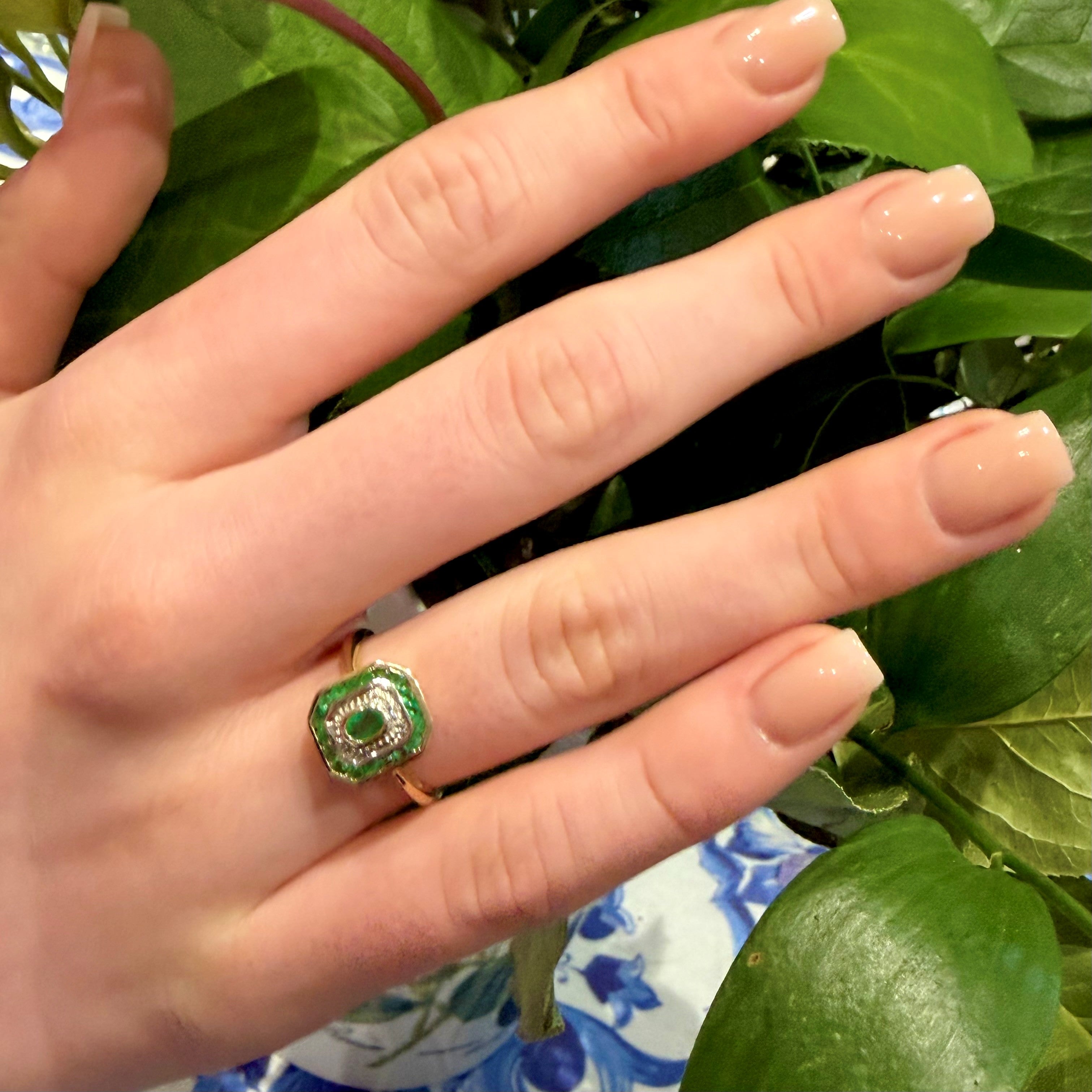 Emerald and Diamond Geometric Ring
