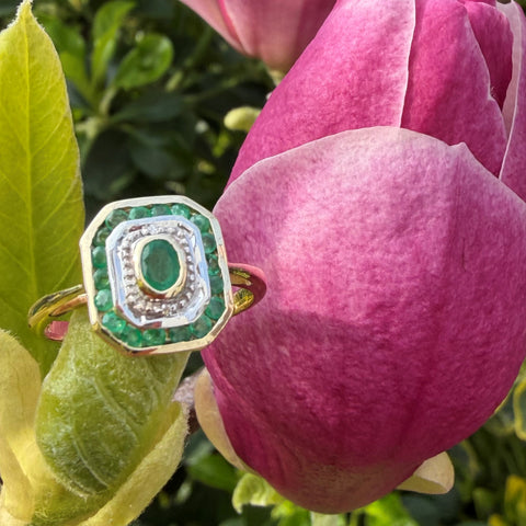 Emerald and Diamond Geometric Ring