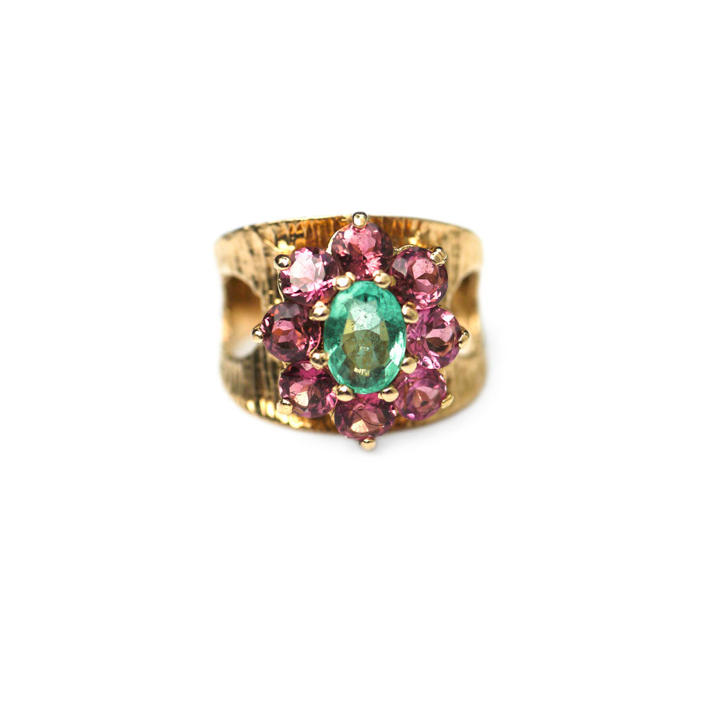 Emerald and Pink Tourmaline Modernist Ring 1972