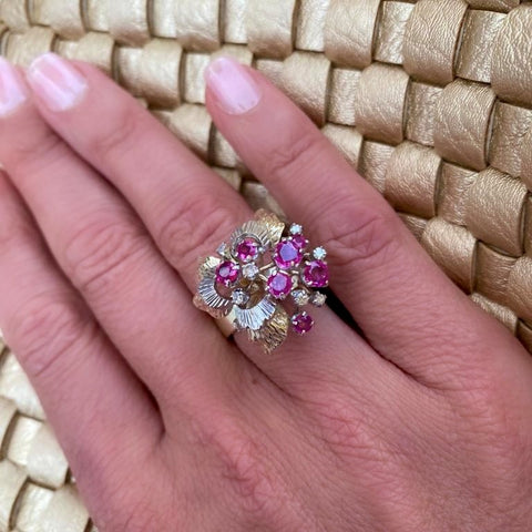 Ruby & Diamond Flower Cocktail Ring