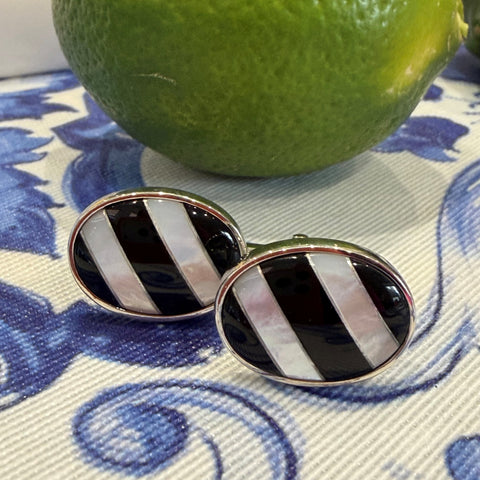 Sterling Silver Onyx & Mother of Pearl Chunky Cufflinks c1980s