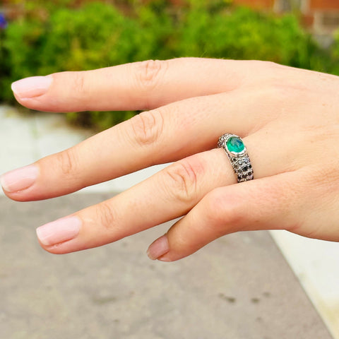 Black Diamond & Cabochon Emerald White Gold Ring