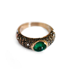 Vintage Black Diamond & Cabochon Emerald White Gold Ring photographed on a white background