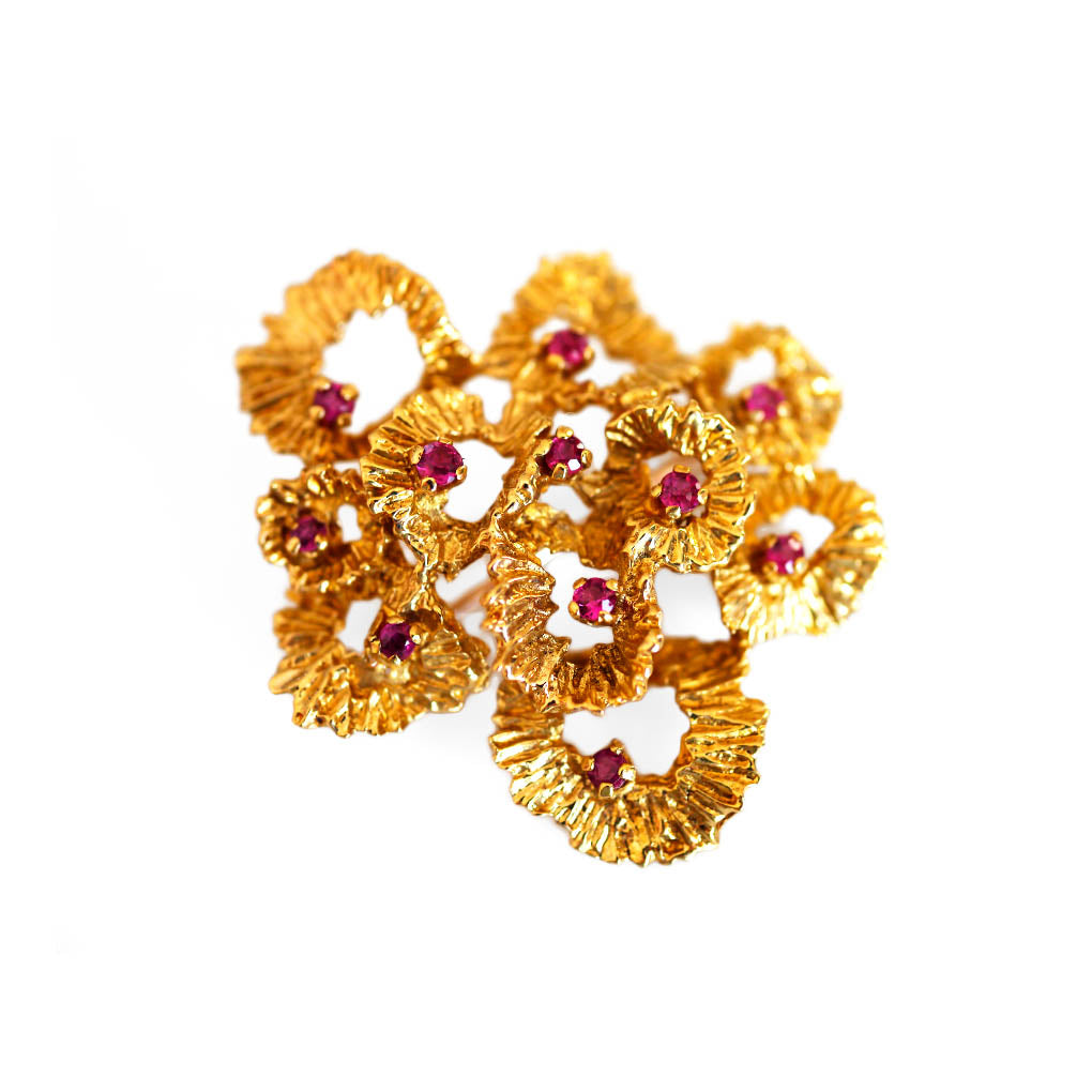 Seventies Barked Ruby Flower Brooch photographed on a white background