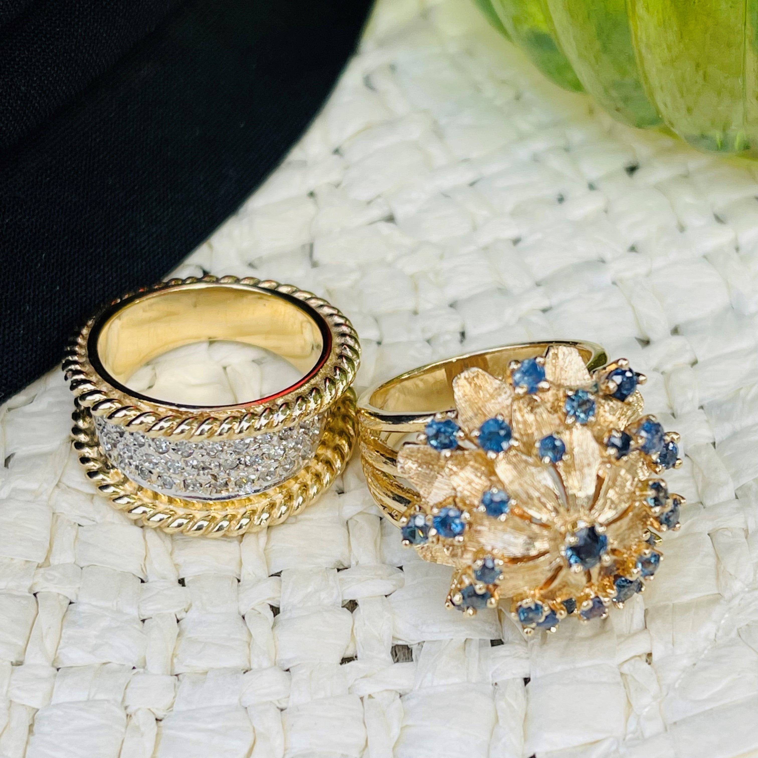 Vintage 1970s Bombé Sapphire Cocktail Ring, nicknamed "Le Cactus de Baroque Rocks" photographed on a white background with another vintage ring