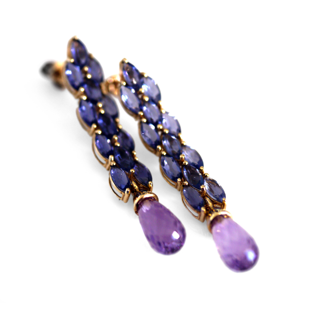 Alluring Amethyst & Iolite Cocktail Earrings photographed on a white background  Edit alt text
