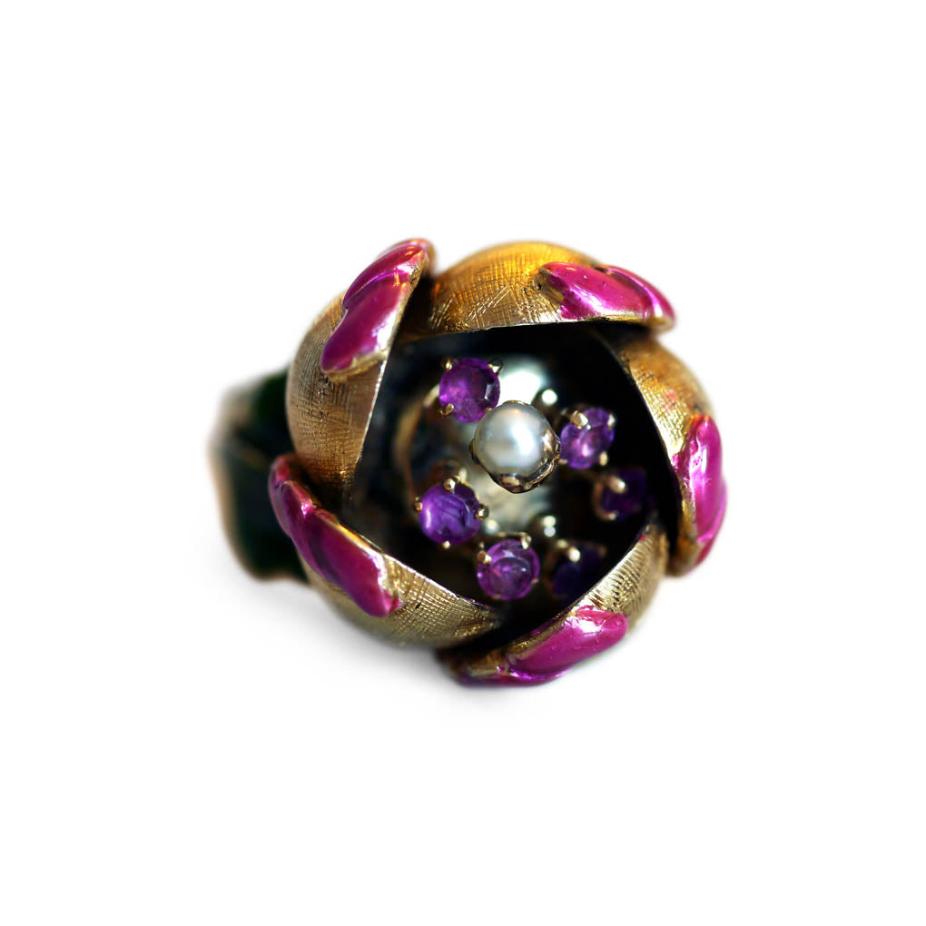 Articulated En Tremblant Enamel Pearl and Ruby Flower Cocktail Ring