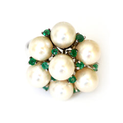 Elegant Vintage Silver Emerald and Pearl Cocktail Ring