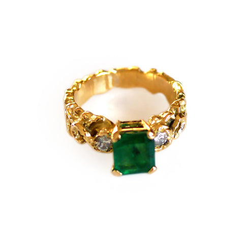 Emerald and Diamond 1970s Gold Ring