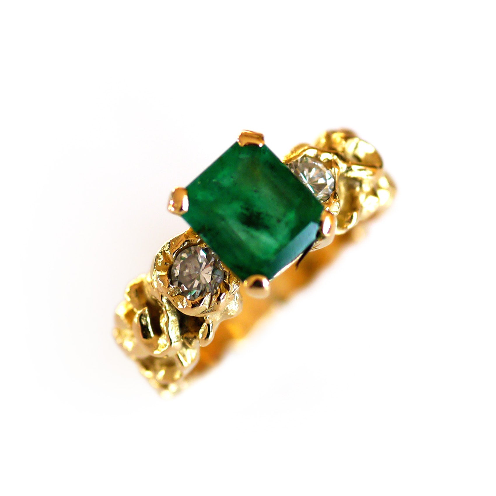 Emerald and Diamond 1970s Gold Ring