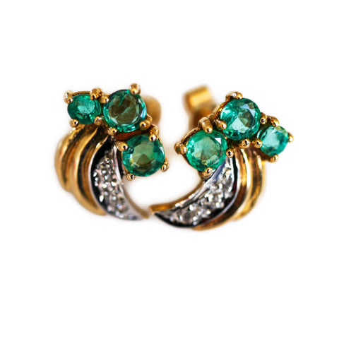 Electric Emerald and Diamond Foliate Stud Earrings