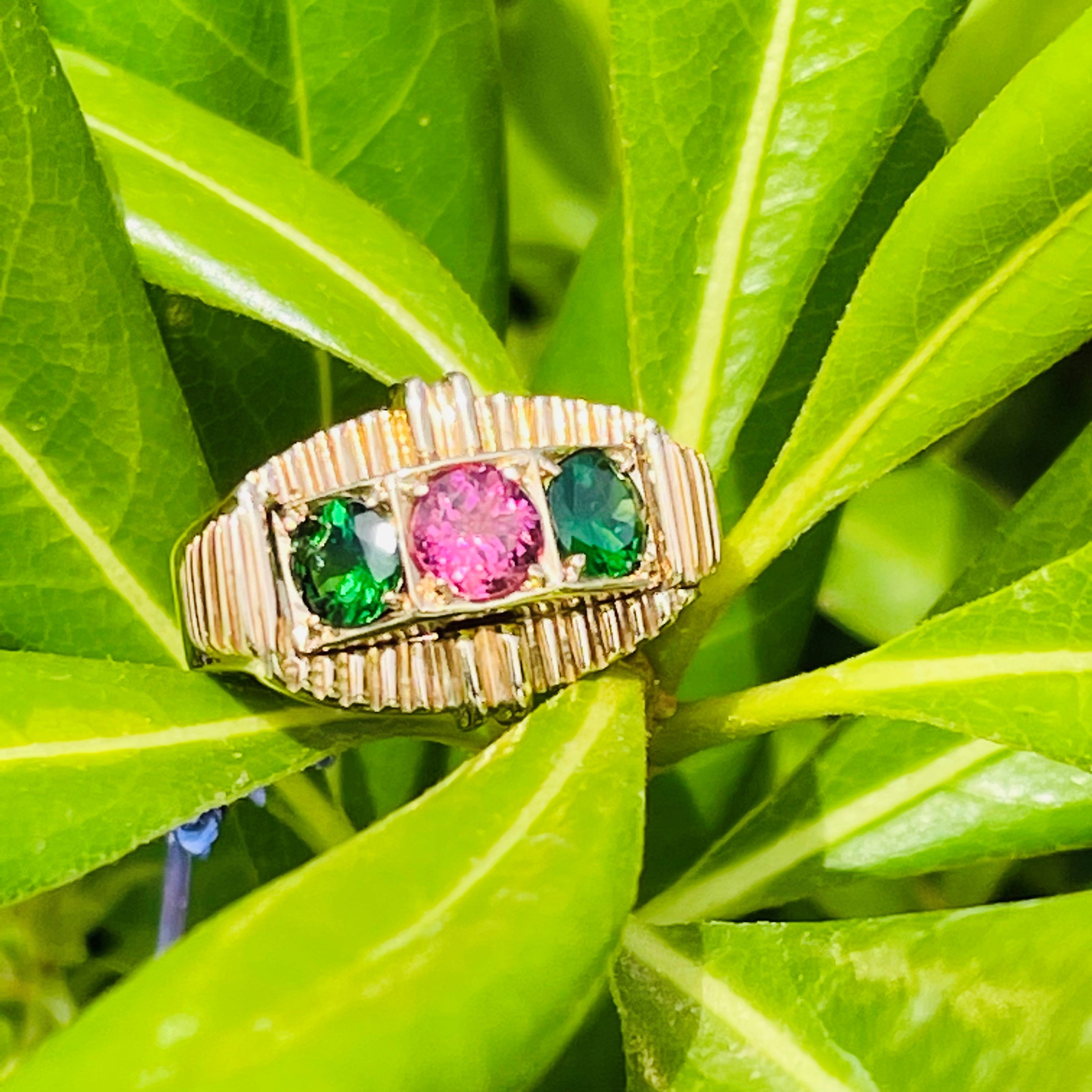 Green Tsavorite Garnets and Pink Tourmaline Modernist Ring