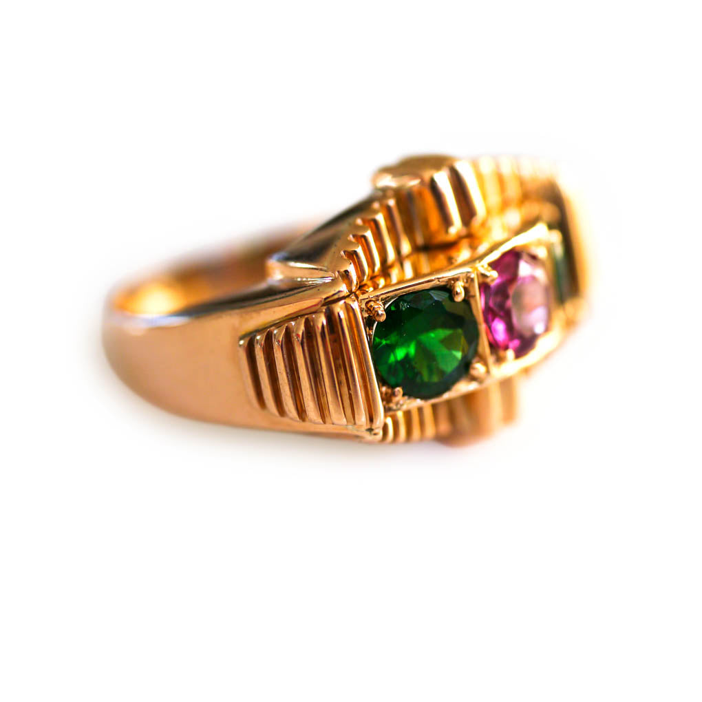 Green Tsavorite Garnets and Pink Tourmaline Modernist Ring