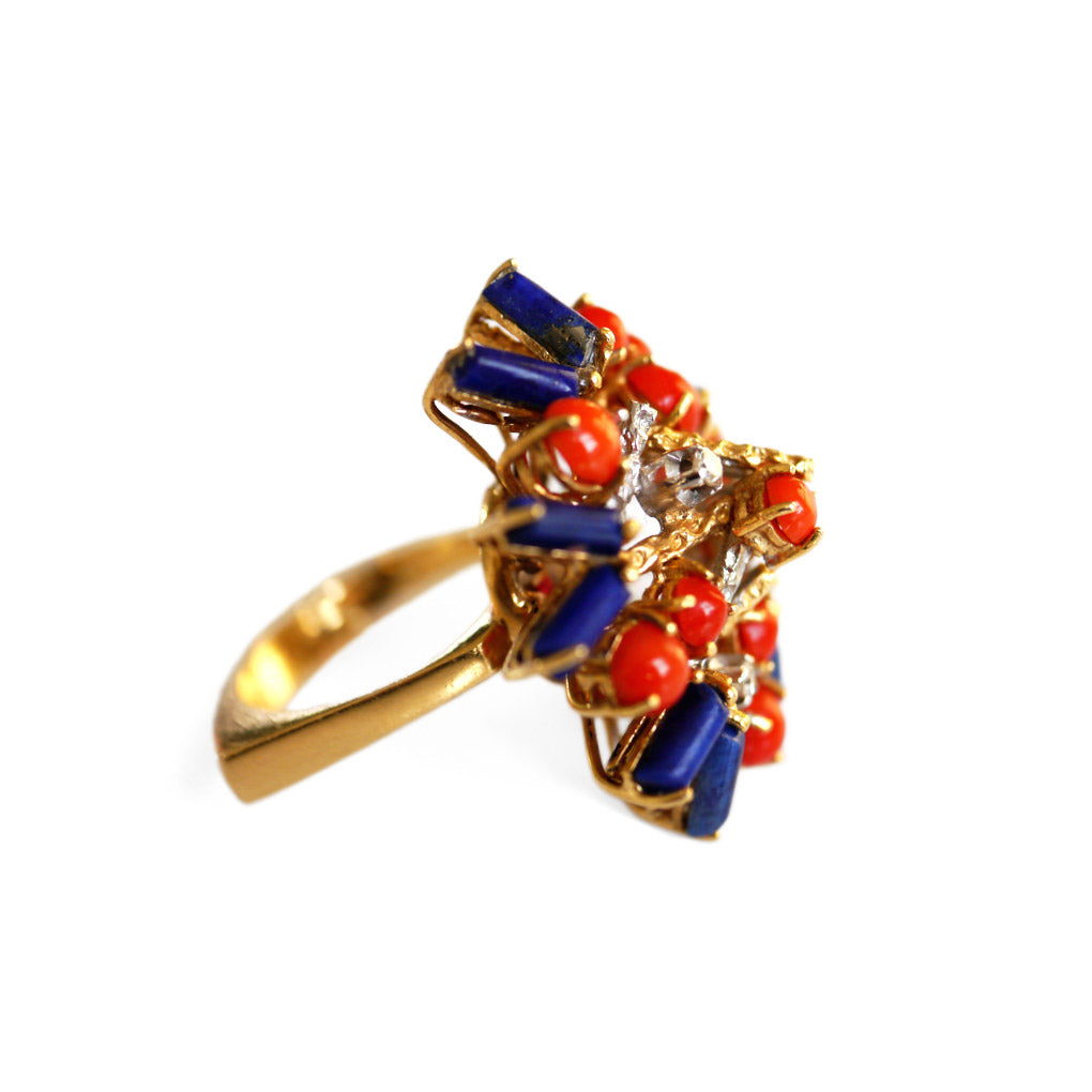 1970s Diamond, Coral and Lapis Modernist Cocktail Ring