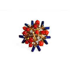 1970s Diamond, Coral and Lapis Modernist Cocktail Ring