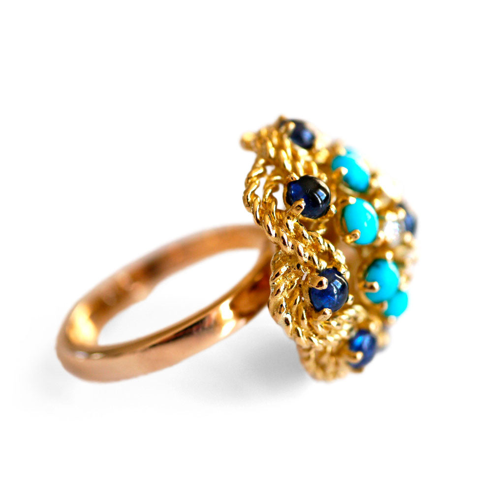 Vintage Enormous Diamond, Sapphire & Turquoise Cocktail Ring
