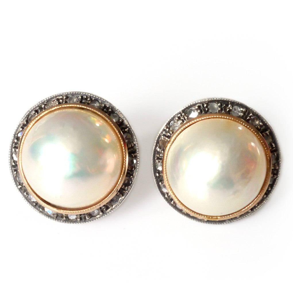 Vintage Italian Round Pearl Cabochon Diamond Earrings