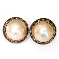 Italian Round Pearl Cabochon Diamond Vintage Earrings
