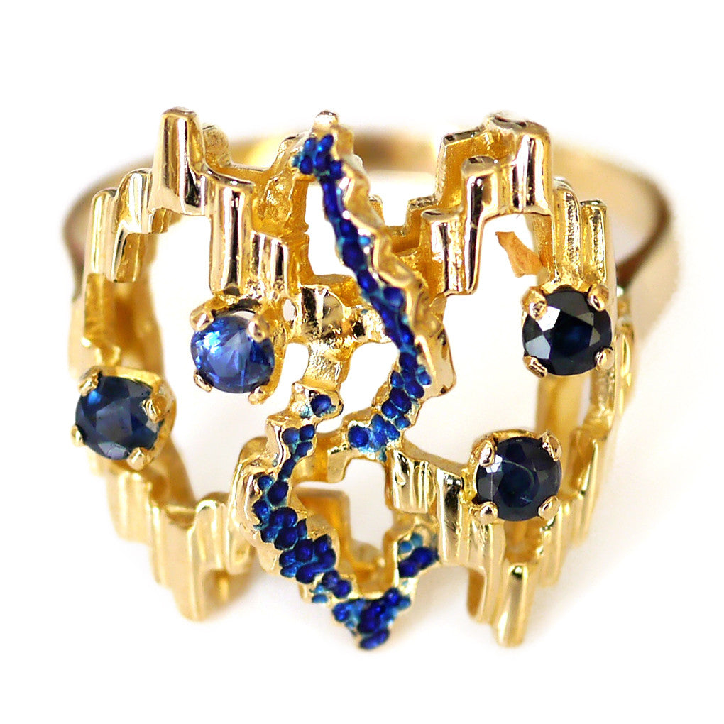 Vintage Avant-Garde Sapphire and Enamel Gold Ring