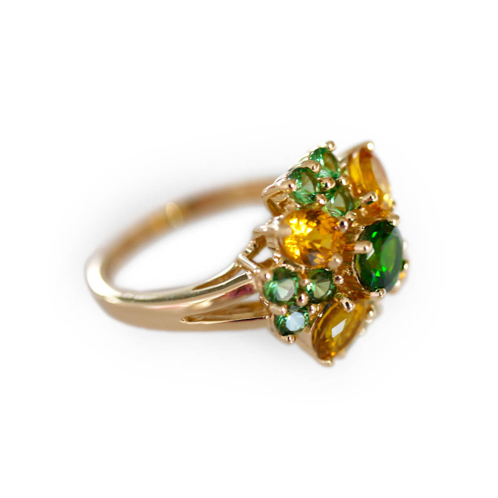 Green Tsavorite Garnets and Yellow Sapphires Cocktail Ring