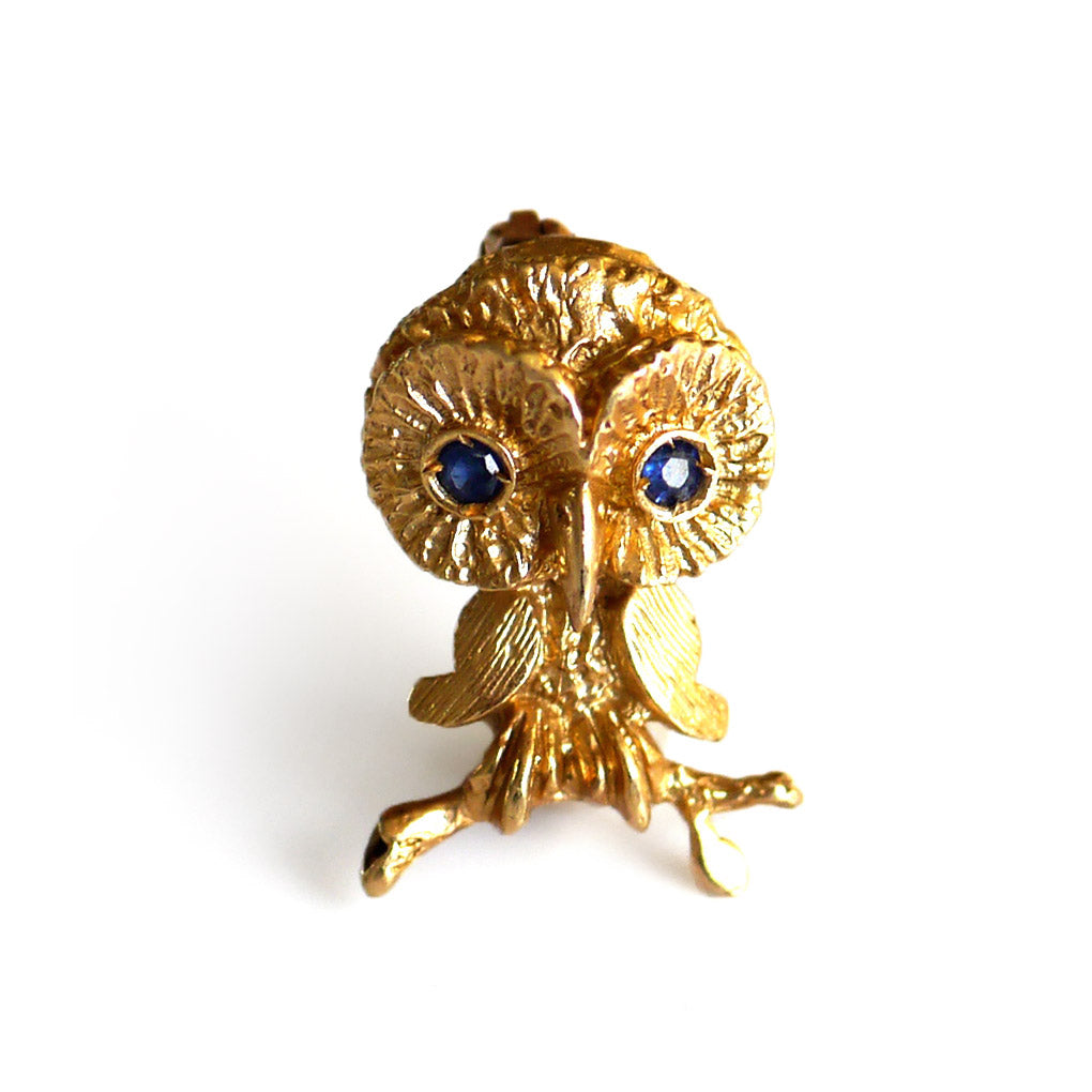 Vintage Gold Owl Brooch with Sapphire Eyes